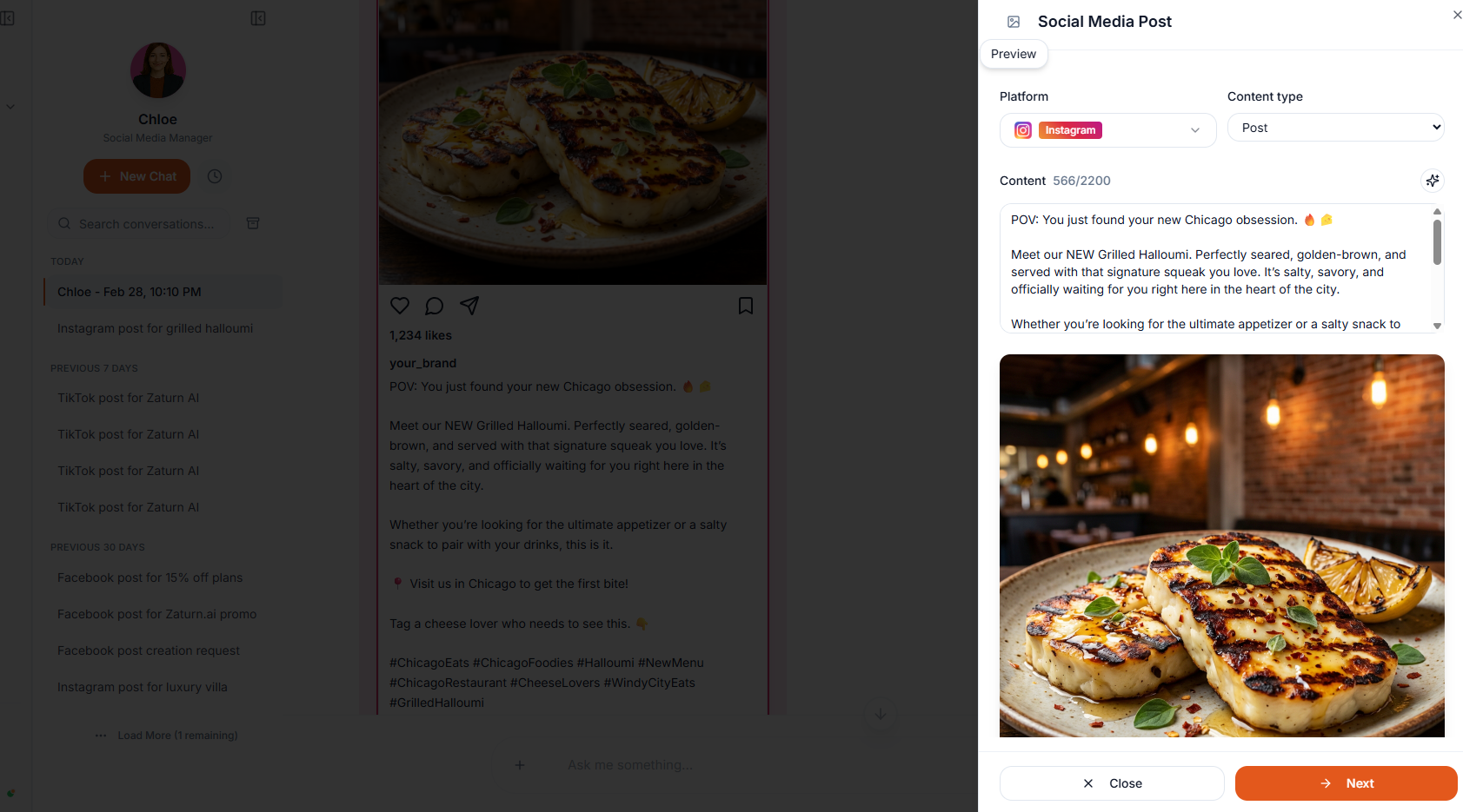 Zaturn's AI agent Chloe generating an Instagram post for a restaurant, showing caption, hashtags, and image suggestion