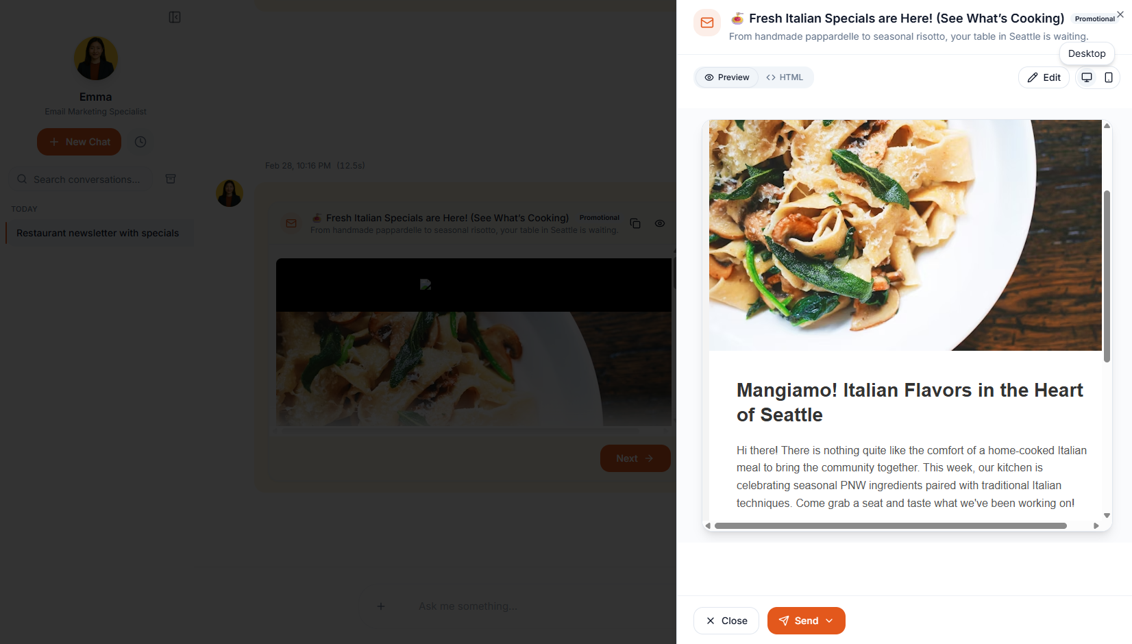 AI-generated restaurant email campaign showing a branded newsletter with menu specials, designed by Zaturn's Emma agent
