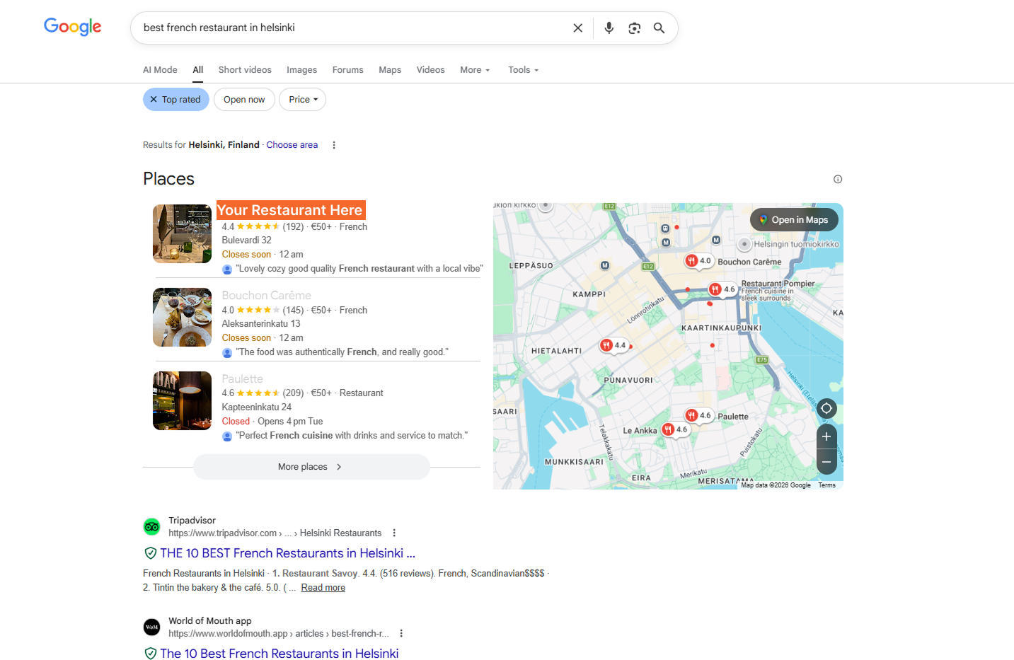 Google search results showing a restaurant ranking in the local map pack for 'best French restaurant near me'