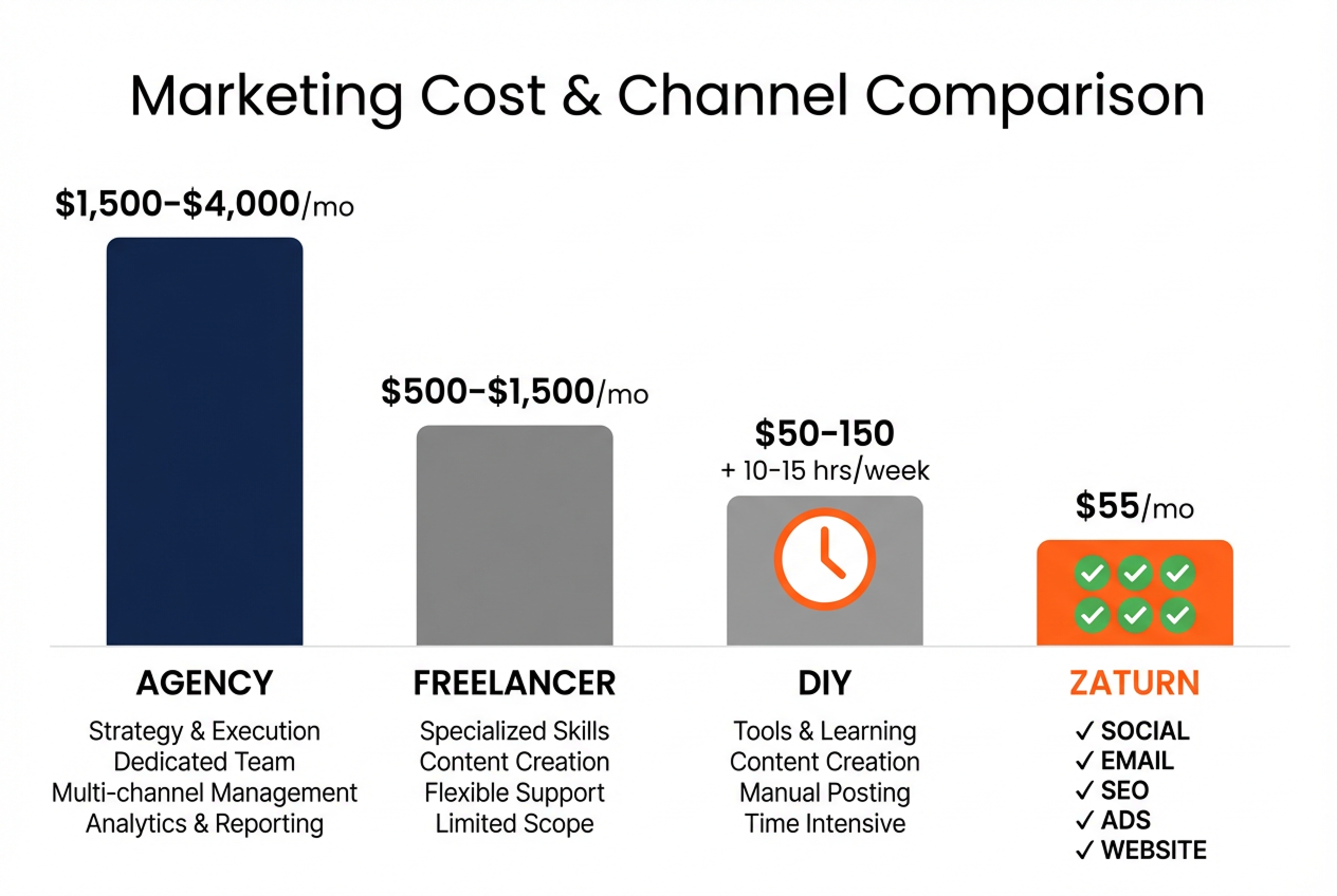 Cost comparison infographic: marketing agency $3,000/month vs freelancer $1,000/month vs Zaturn AI $55/month with 5 agents