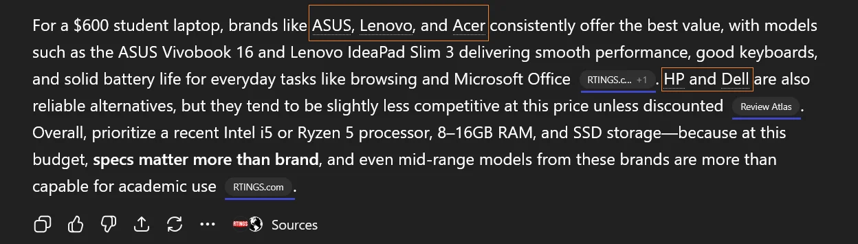 An example ChatGPT answer mentioning ASUS, Lenovo, Acer, HP, and Dell as brands and citing Review Atlas and RTINGS are references for its answer