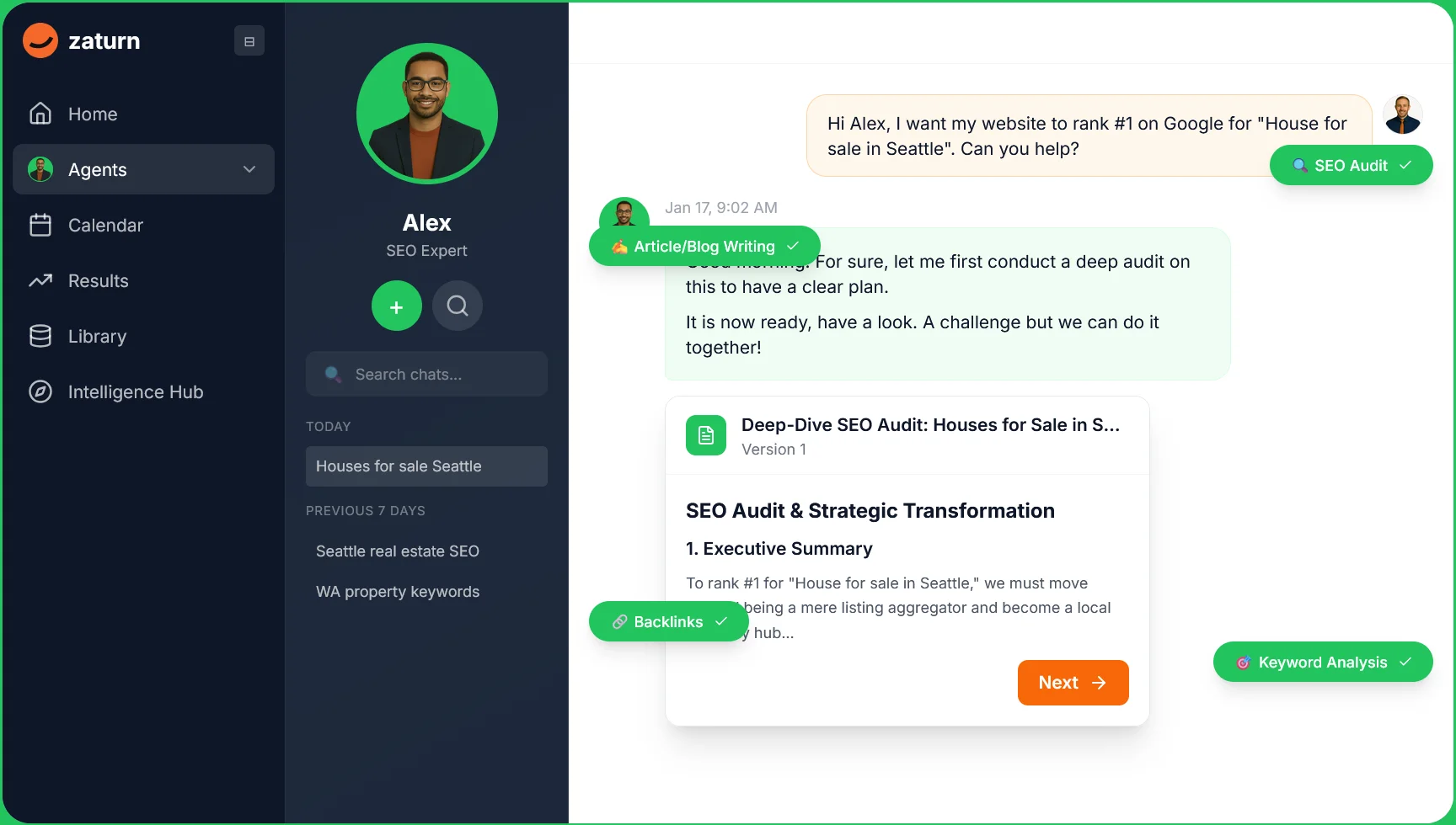 Zaturn's SEO agent, Alex, conducting a SEO audit and writing a SEO and GEO-optimized blog about Houses for Sale in Seattle