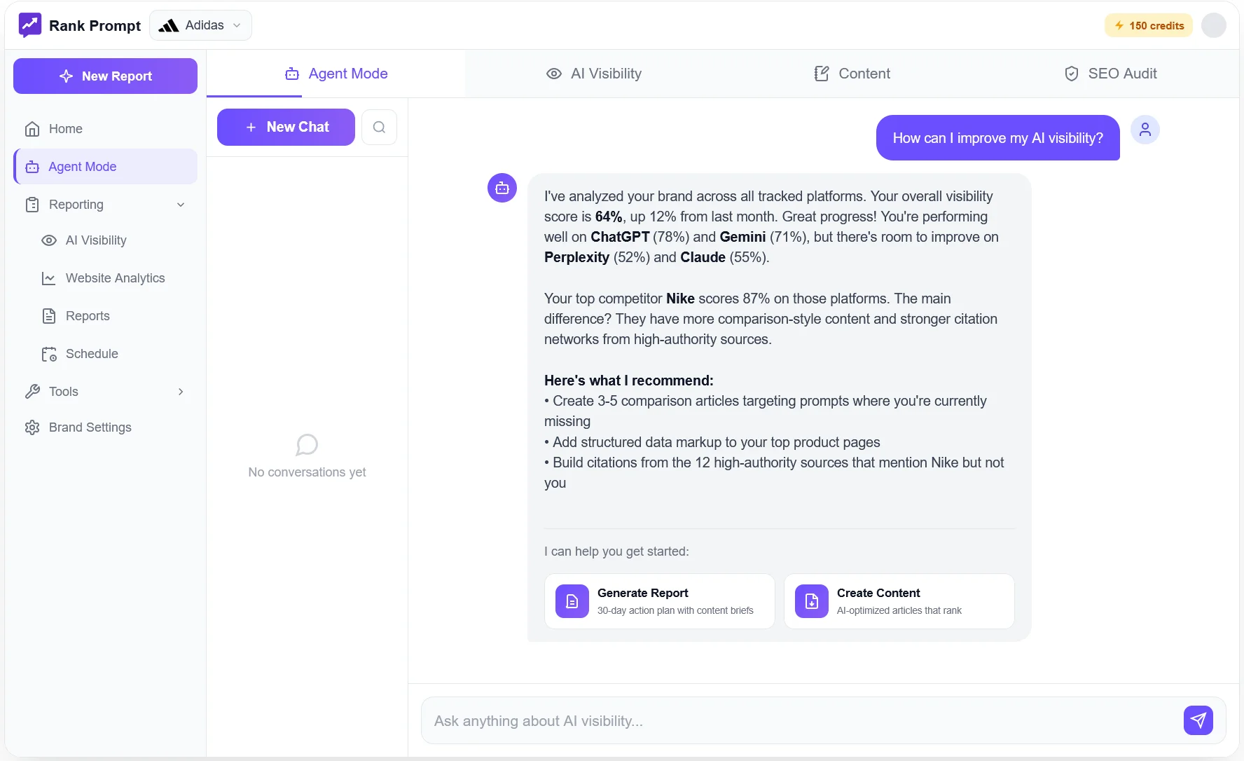 RankPrompt's agent mode, showing a chat interface where a user asked how to improve AI visibility and the agent's suggestions