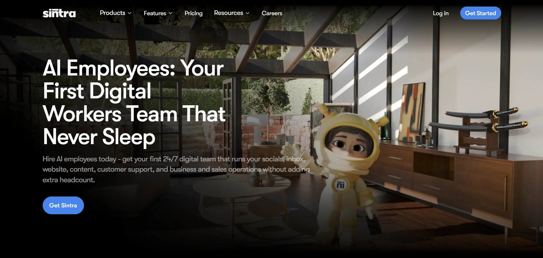 Sintra AI's landing page, showing one of the AI agents waving at the user and introducing AI employees, plus a CTA to get started