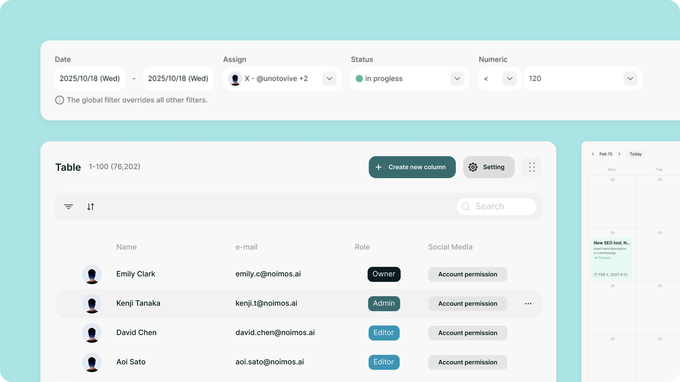 A picture displaying some of NoimosAI's features, including a contact and role manager, a calendar, and a task assigner