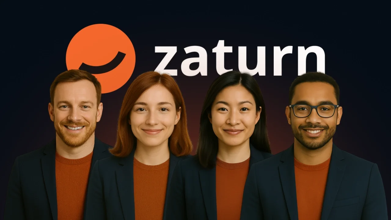 A portrait-style photo showing four of Zaturn's AI agents for a Zaturn vs MarketingBlocks comparison
