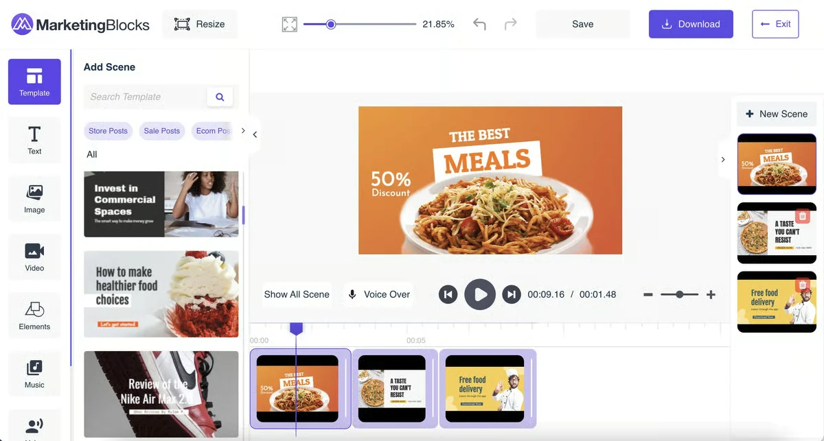 A screenshot of MarketingBlocks' built-in video editor, with the timeline and scenes pane visible
