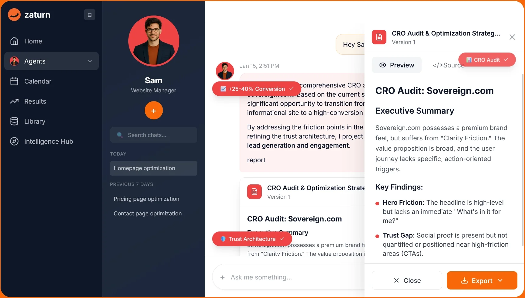 A screenshot of Sam's, Zaturn's website management AI agent, chat interface, with a CRO audit and optimization strategy being generated by him