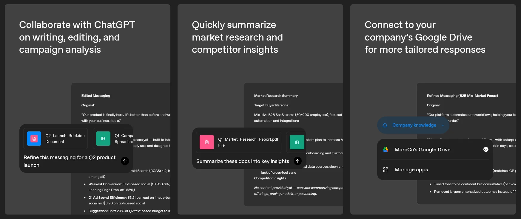 A collage of some examples of ChatGPT's features, including collaboration, summarization, and integrations, for a Zaturn vs ChatGPT comparison