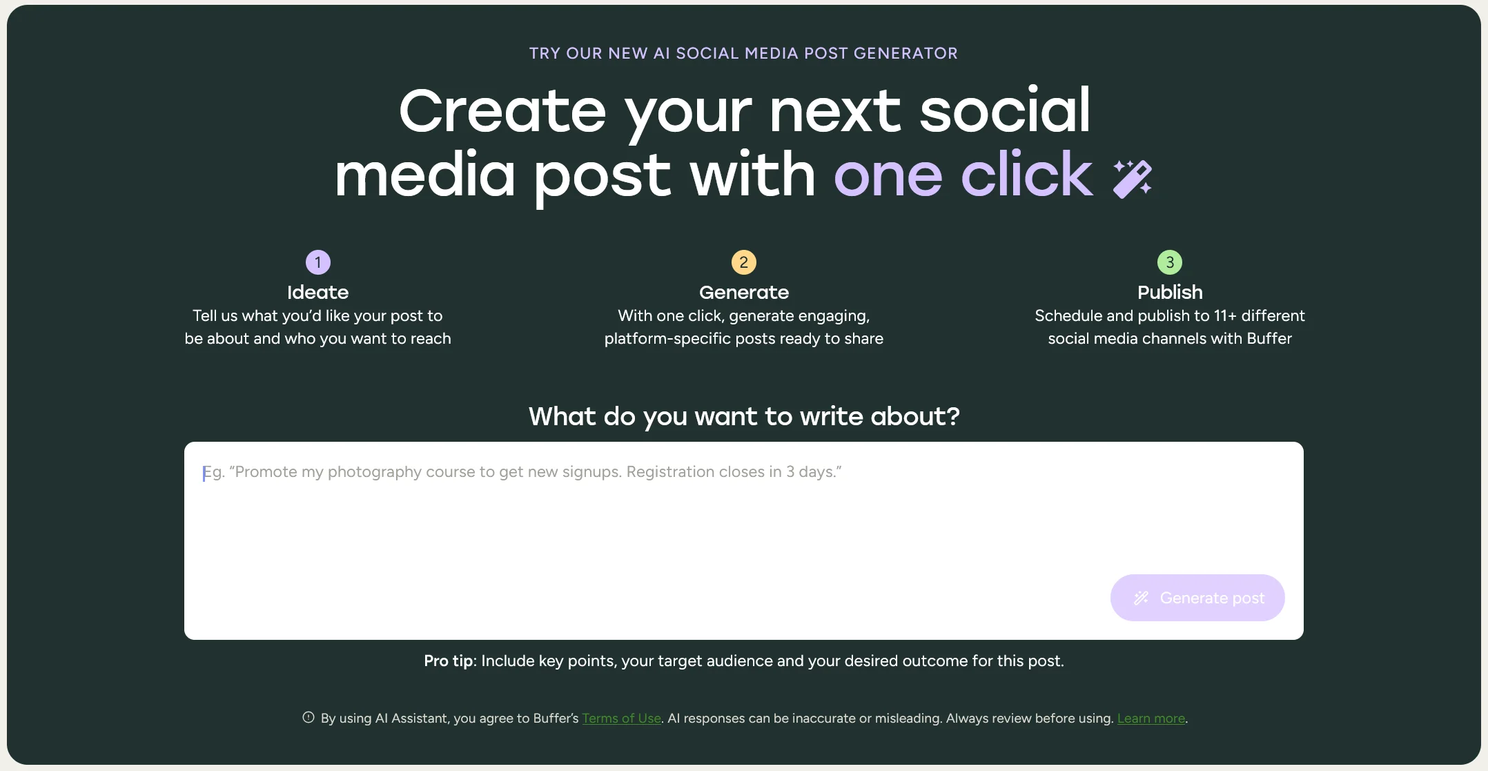 Buffer's AI Facebook post generator interface designed to ideate, generate, and publish social media content in one click.