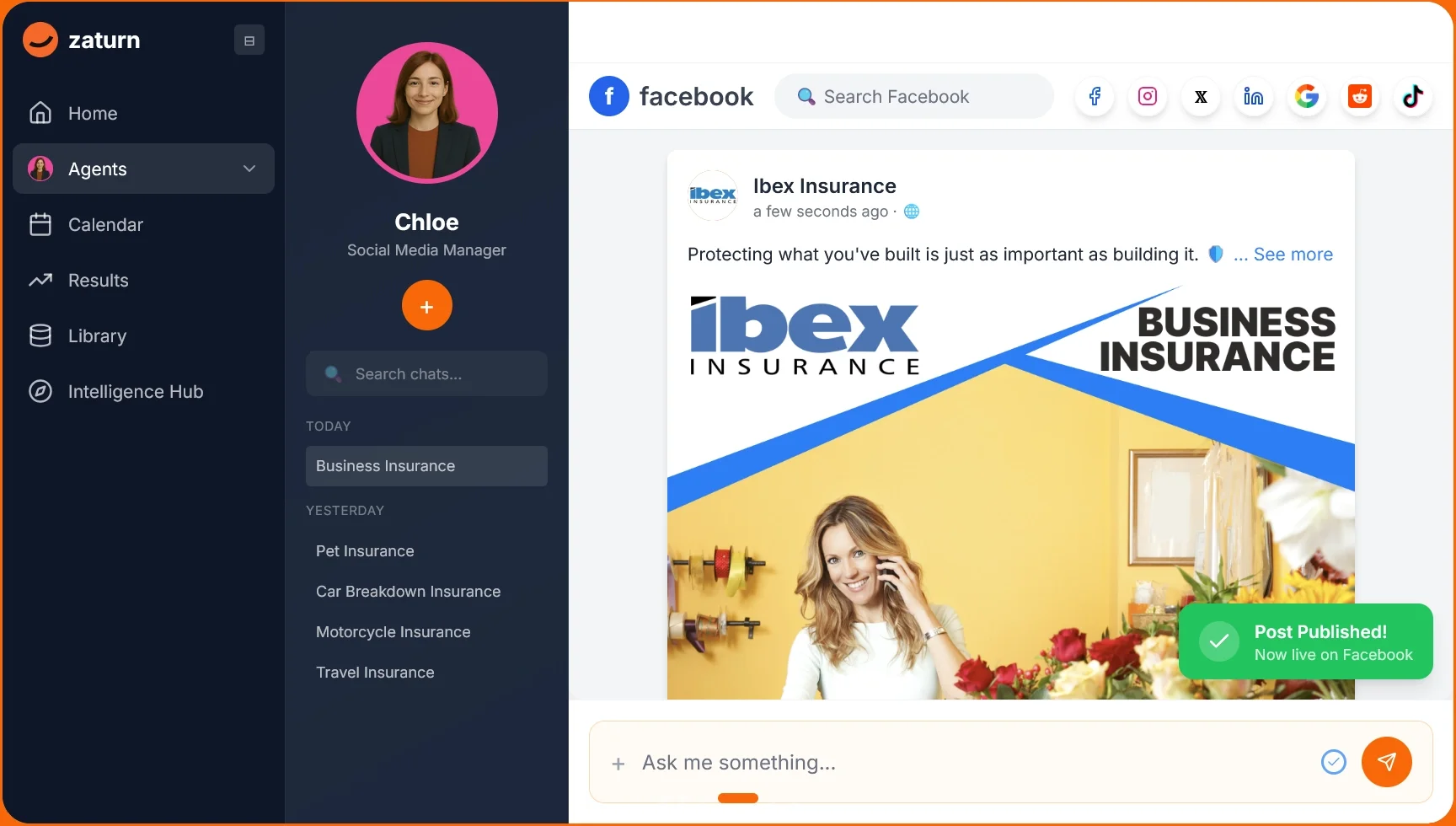 AI Facebook post generator interface in Zaturn showing a newly published business insurance advertisement.