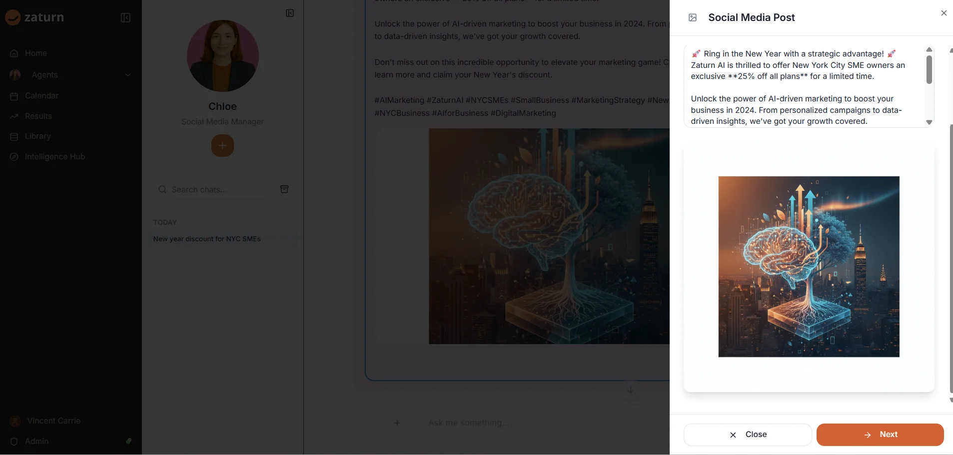Zaturn's AI Facebook post generator creating a custom visual and promotional caption for a New Year marketing campaign.