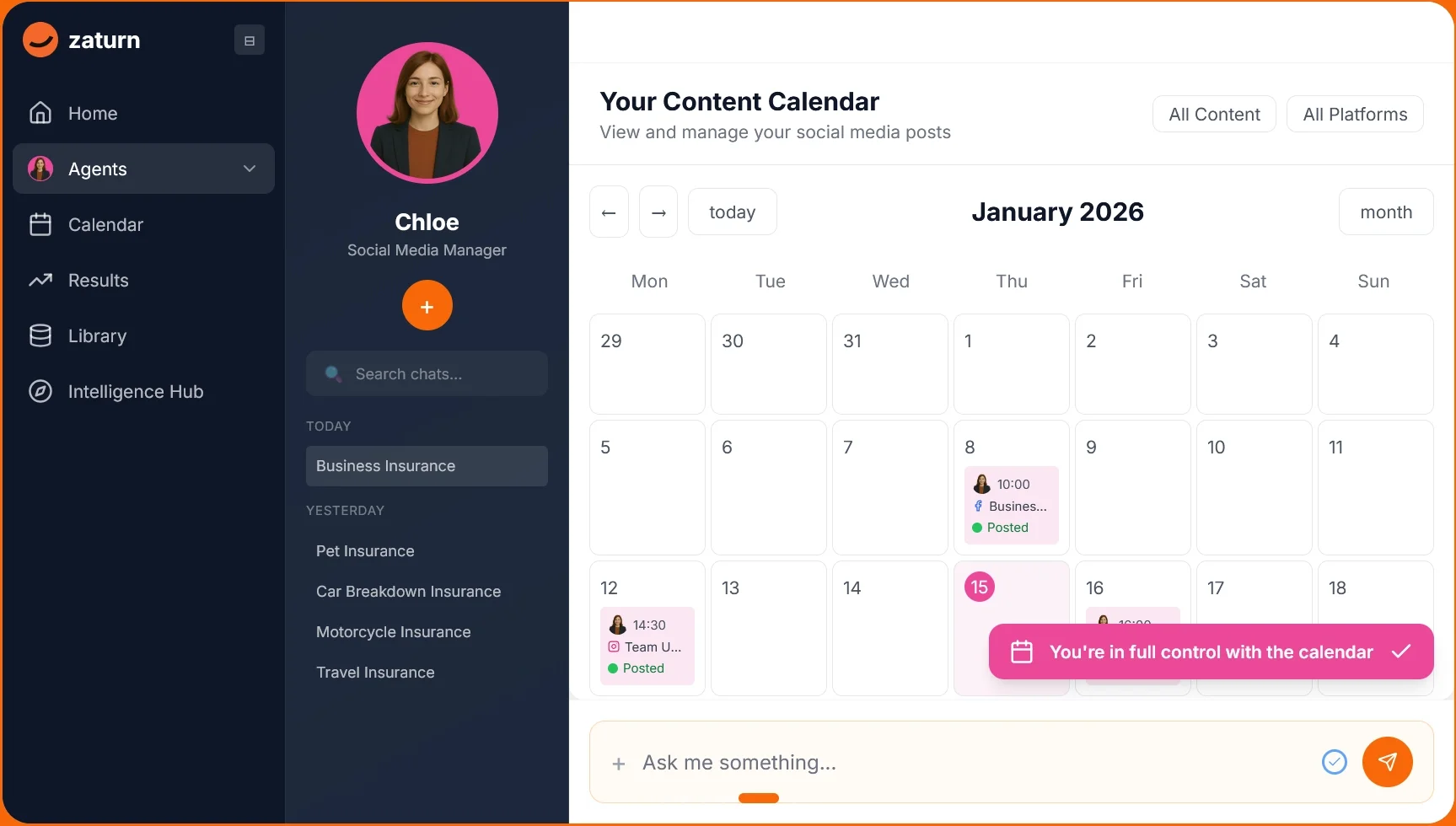 Zaturn social media manager dashboard showing a monthly content calendar managed by AI agent Chloe.