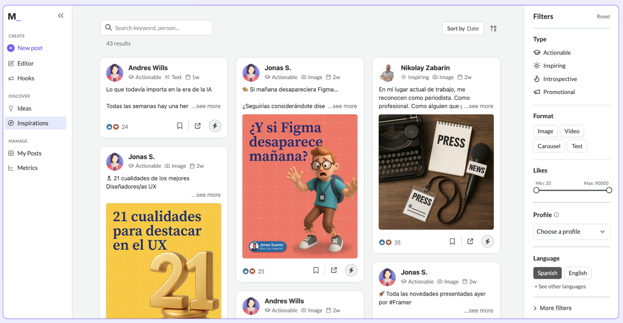MagicPost's post inspiration library, providing the user with posts to refer to when using the native AI LinkedIn post generator