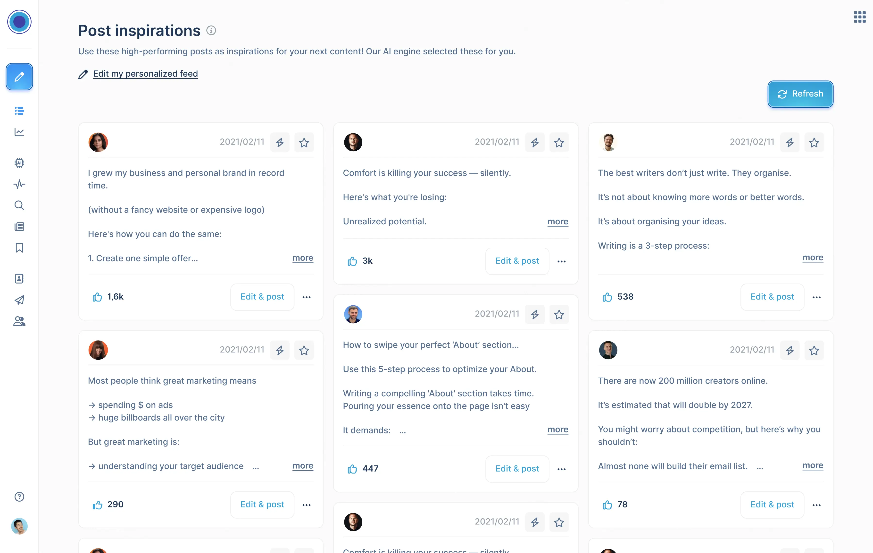 Taplio's post inspiration library, providing the user with example posts to use as inspiration with the native AI LinkedIn post generator