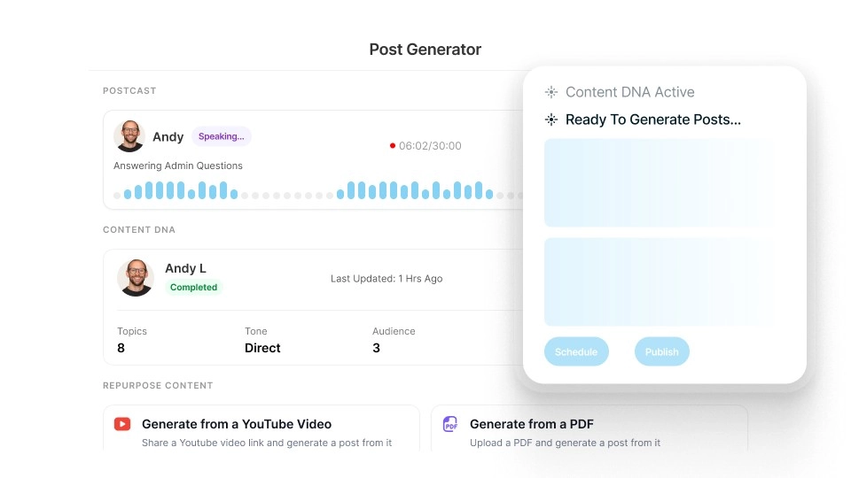 Supergrow's Postcast, an AI LinkedIn post generator that creates LinkedIn posts from short user interviews