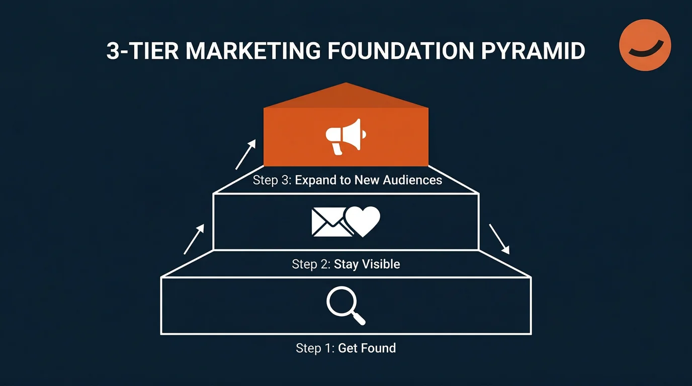 A three-tier marketing foundation pyramid for marketing as a small business in gibraltar: getting found, staying visible, then expanding to new audiences