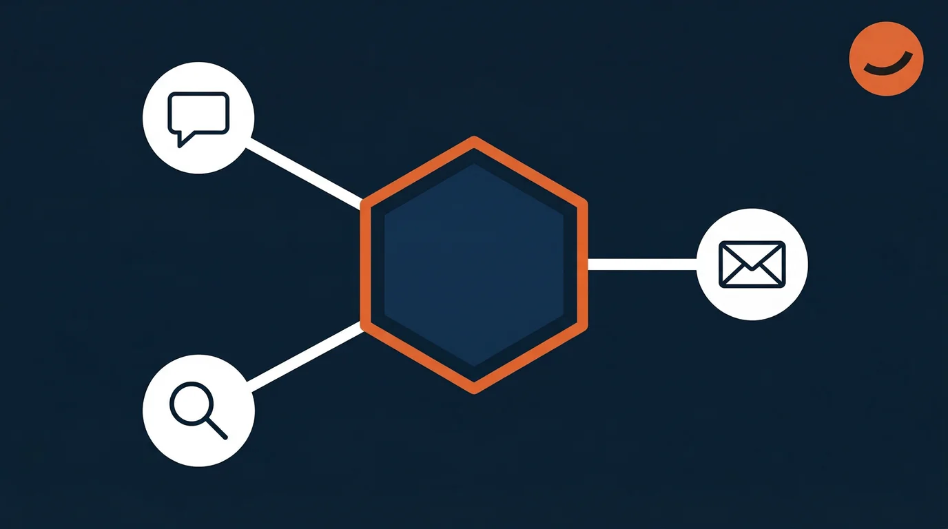 A central node connecting to three subnodes: an envelope that represents email, a chat blurb that represents social media, and a magnifying glass that represents SEO.