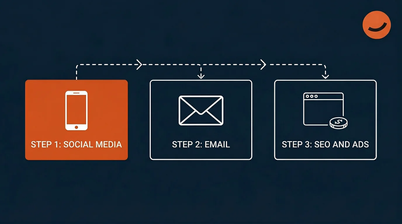 A three-step process for marketing as a small business with AI: starting with social media, adding email, then adding SEO and ads