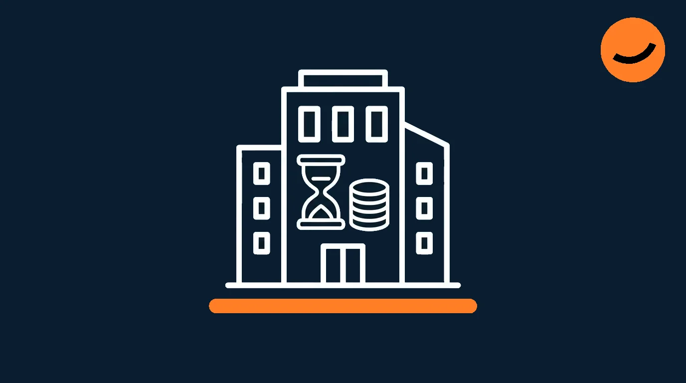 An illustration of a building with an hourglass and a pile of coins, signifying an agency for marketing and highlighting the AI marketing vs agency divide