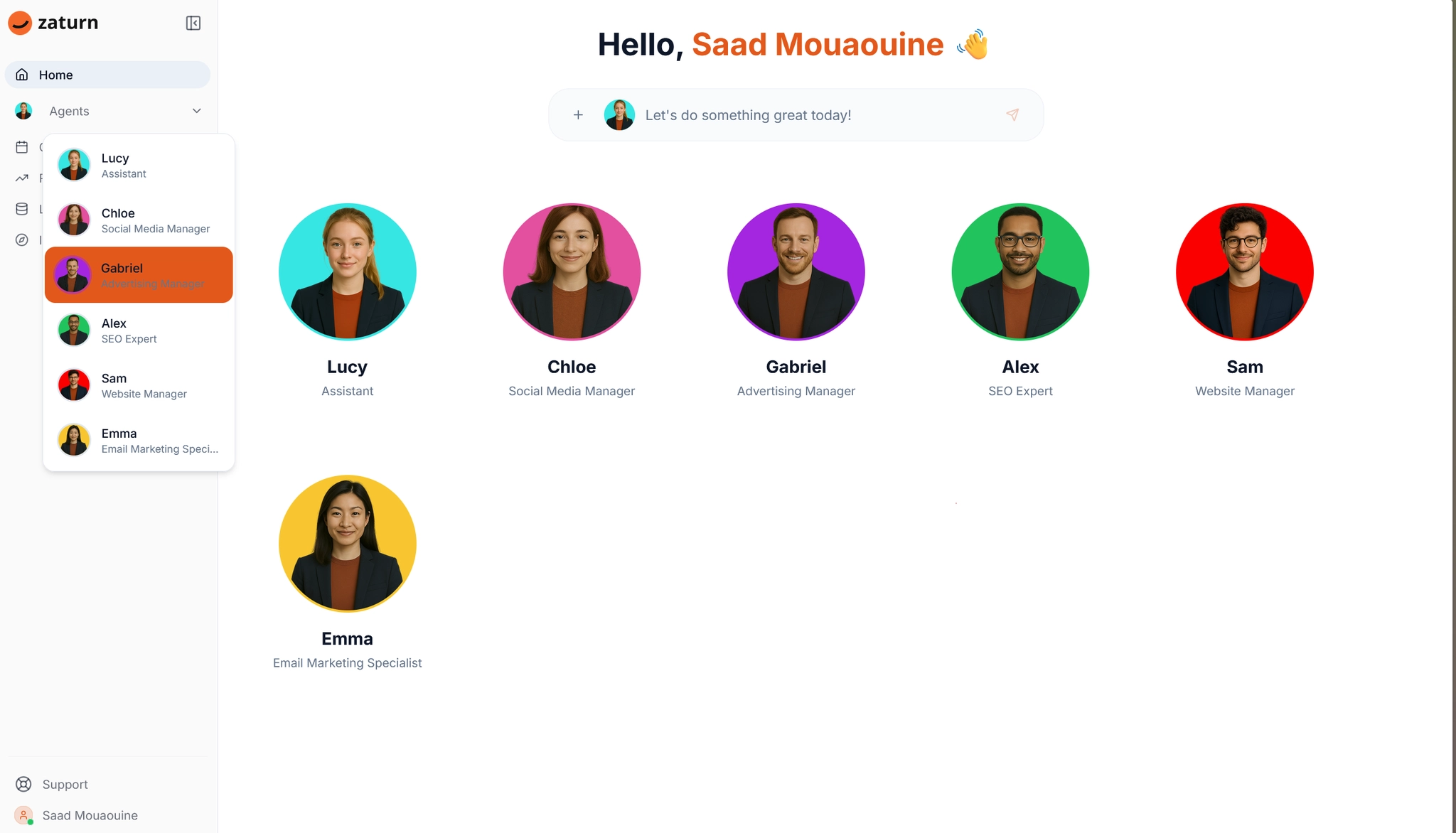 Zaturn's dashboard, displaying the six AI marketing agents available to chat with: Lucy, Chloe, Gabriel, Alex, Emma, and Sam