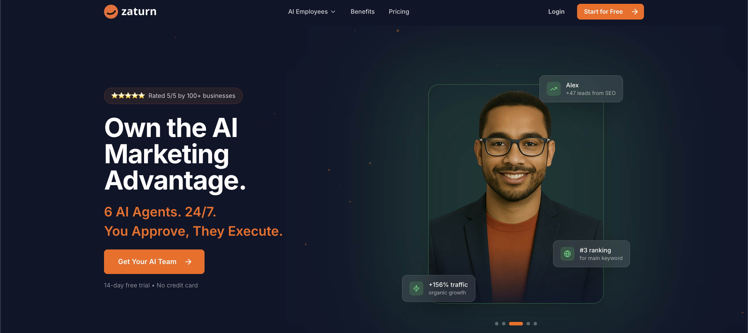 Zaturn's landing page, promoting alex, the AI SEO agent, and calling the reader into getting their own AI team to own the AI marketing advantage