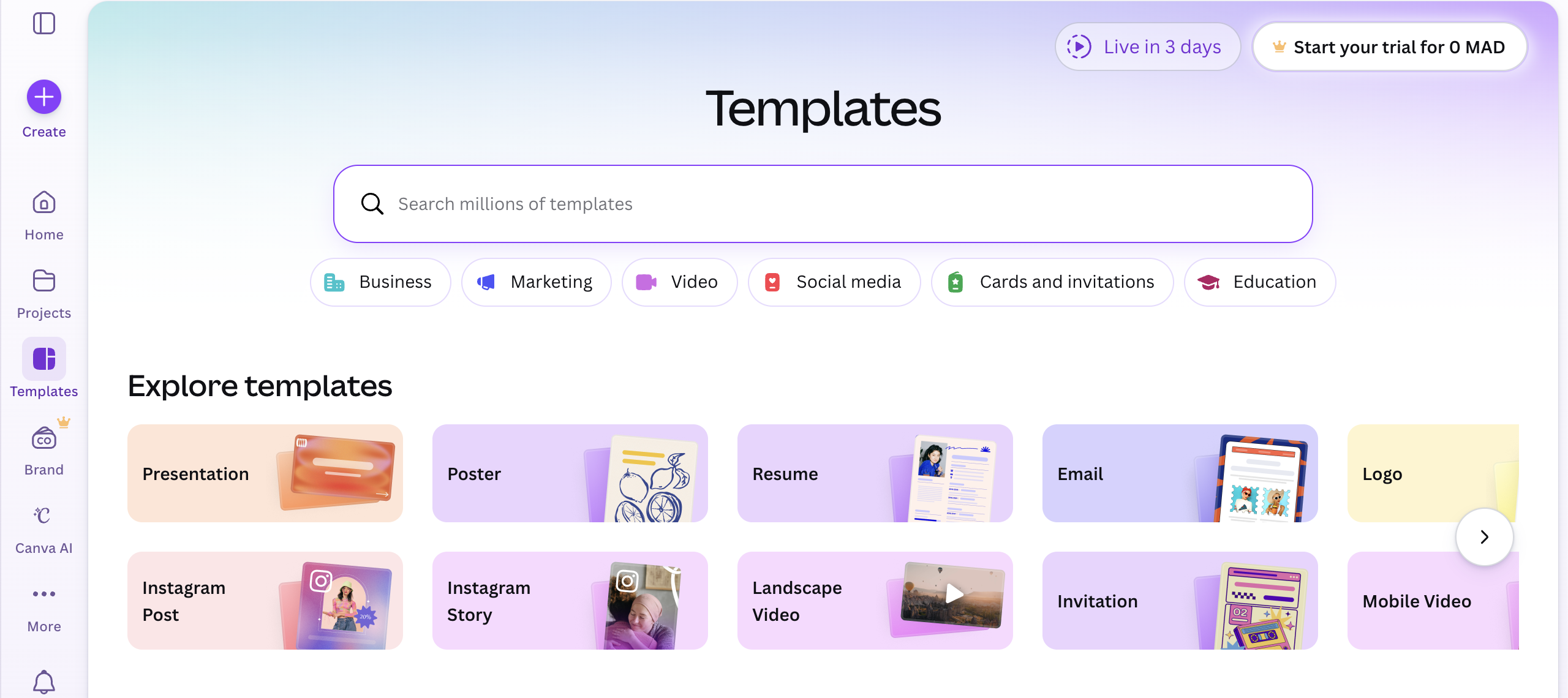 Canva's templates page, displaying a selection of filters, including business, marketing, video, oscial media, cards and invitations, and educations, and an explore templates tab organized by type