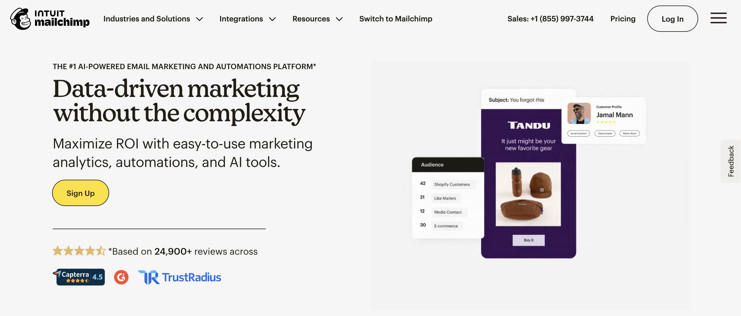 Mailchimp's landing page, explaining the platform's data-driven marketing and calling the user to sign up