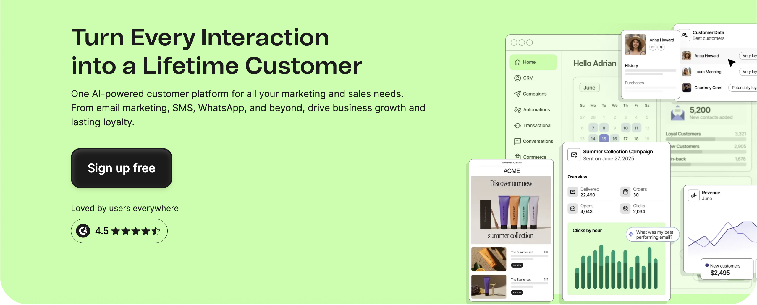 Brevo's landing page, explaining the platform's capabilities, including turning every interaction into a lifetime customer, and calling the user to sign up for free