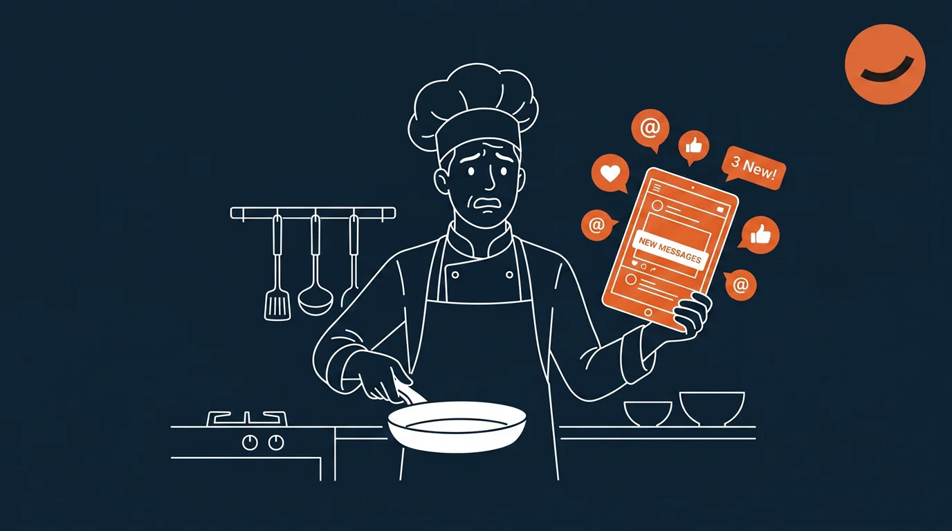 An illustration of a chef juggling cooking and managing his social media presence, symbolizing the challenges in AI marketing restaurants face