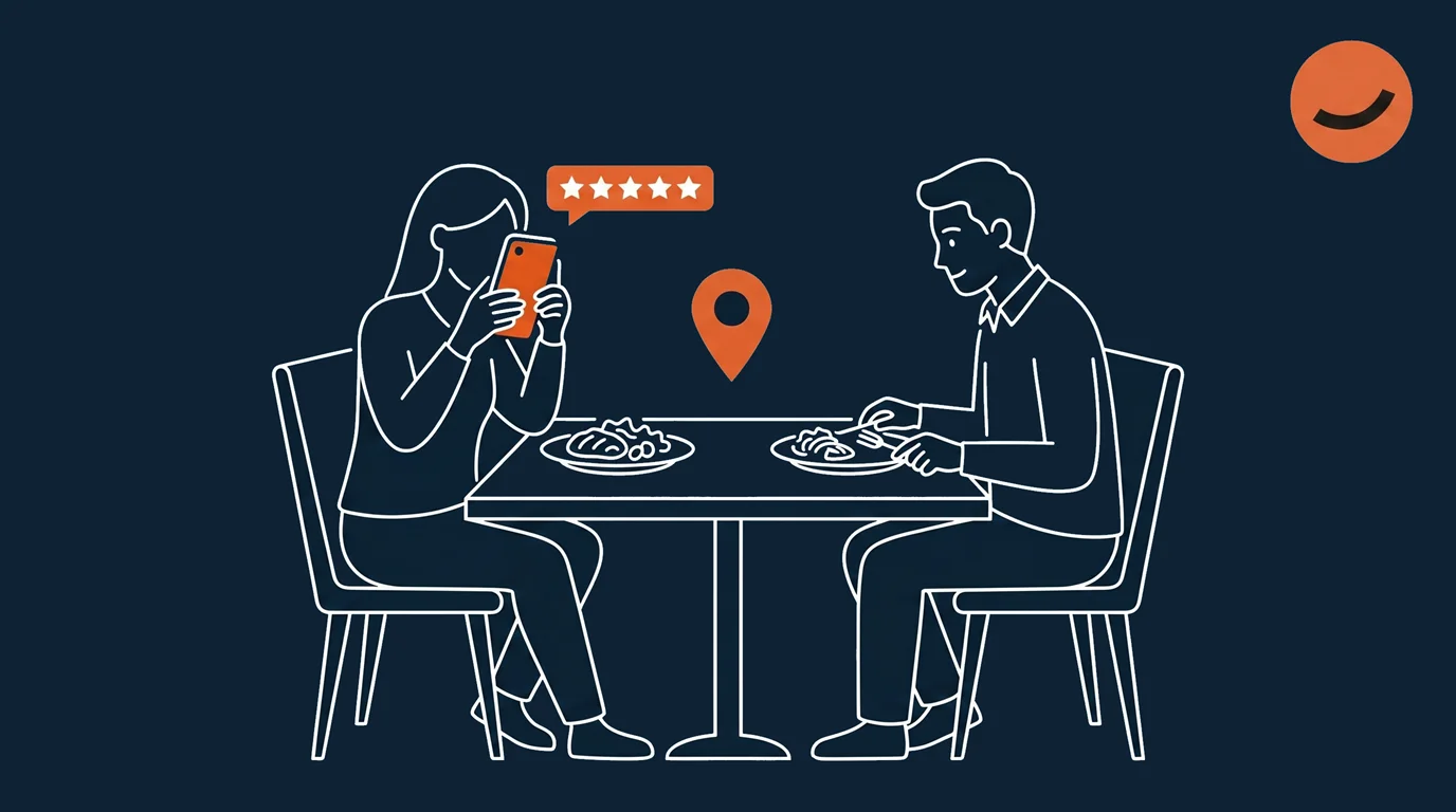 An illusration of a couple enjoying dinner together at a restaurant, with the woman leaving a five-star review on her phone