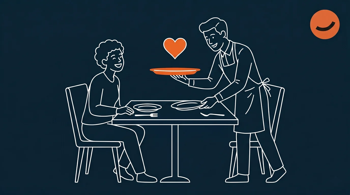 An illustration of a waiter serving food warmly to a customer, symbolizing how AI marketing for restaurants leaves more time for hospitality and service