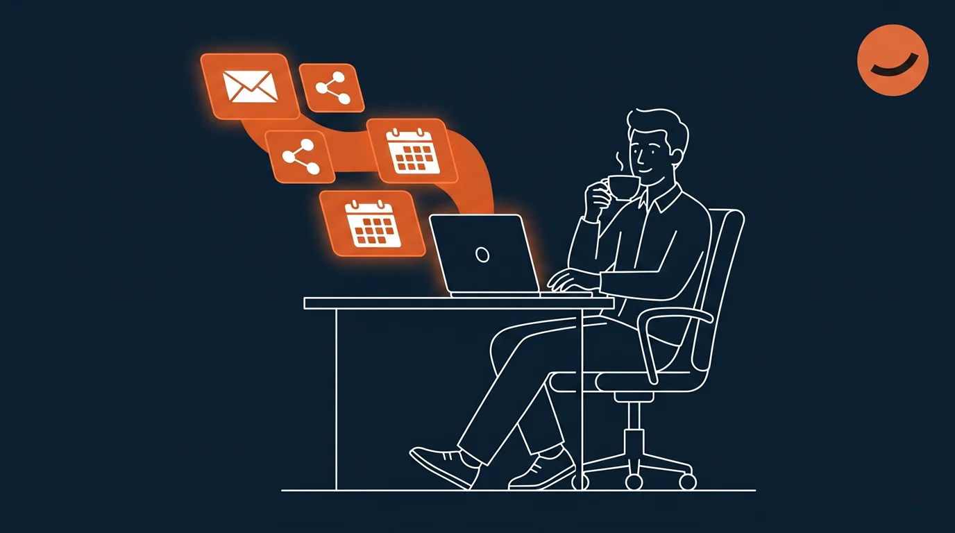An illustration of a restaurant manager enjoying coffee while AI marketing handles all of their daily restaurant marketing tasks