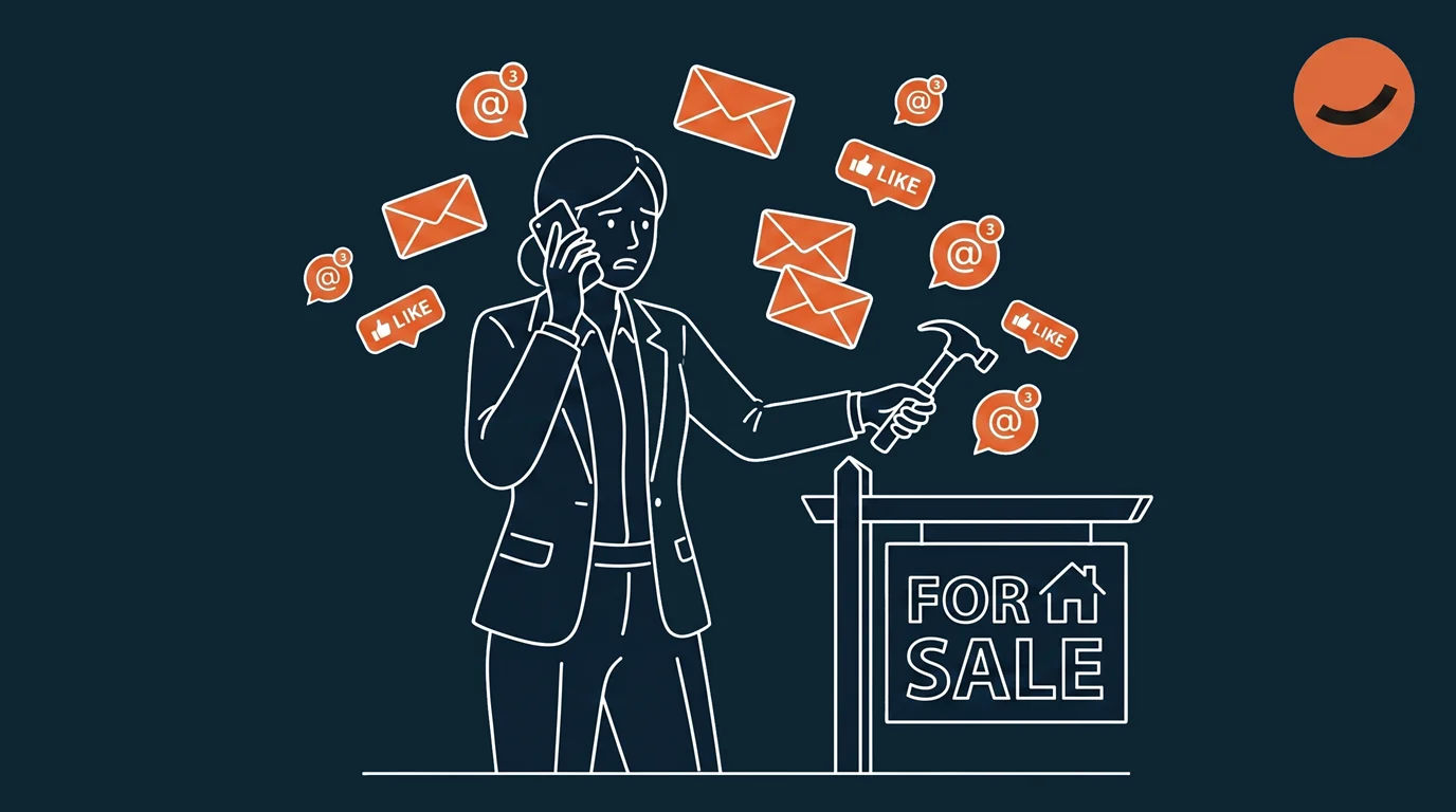 An illustration of a real estate agent juggling marketing and sales simultaneously, showcasing the challenges in AI marketing real estate agents face