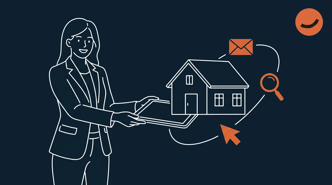 An illustrration of a real estate agent carrying a tablet with a house displayed on top of it. Several icons encircle the house: an envelope, a cursor, and a magnifying glass, signifying how AI marketing helps real estate agents.