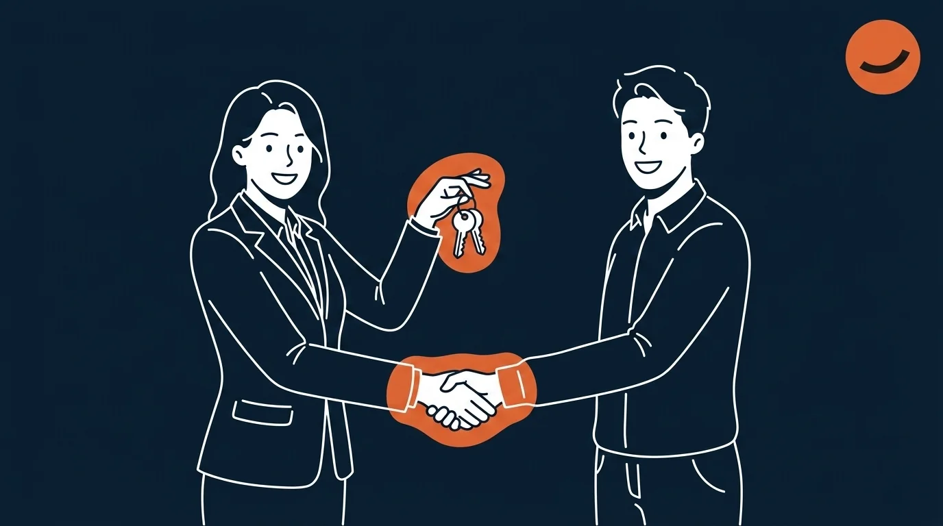 An illustration of a real estate agent exchanging a handshake and a house key with their client, symbolizing what AI marketing can't replace for real estate agents: rapport and an authentic personal brand