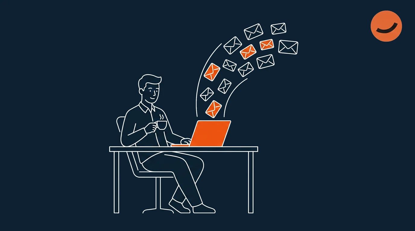 An illustration of a person sitting at their laptop and sipping coffee while their AI email assistant handles their inbox and email flow
