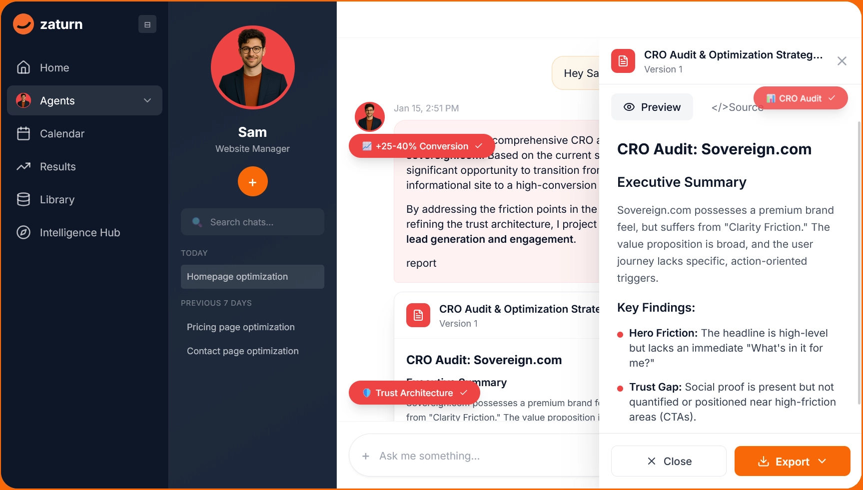 Zaturn's AI website agent, Sam, auditing the user's website for mistakes that are reducing their conversions