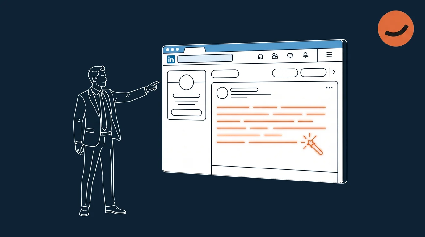 An illustration of a person pointing at a web browser window, where an AI LinkedIn post generator is creating a LinkedIn post for them