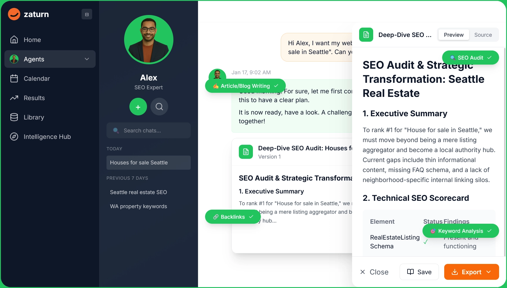 Zaturn's AI SEO agent, alex, conducting a SEO audit and strategic transformation for the keyword "seattle real estate" for the user