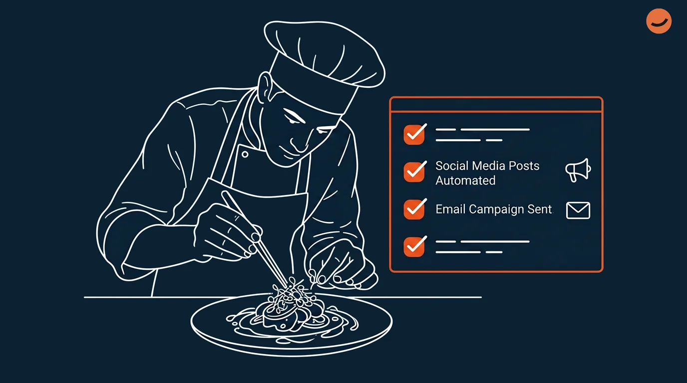 An illustration of a chef preparing a dish while their AI restaurant assistant automates their social media posts and sends email campaigns