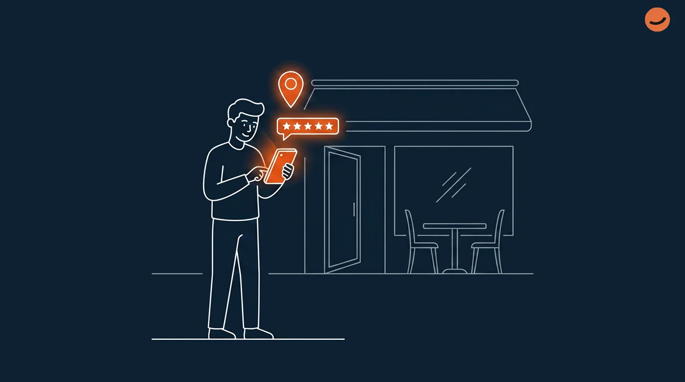 An illustration of a client standing outside of a restaurant and giving it a five-star rating on their tablet