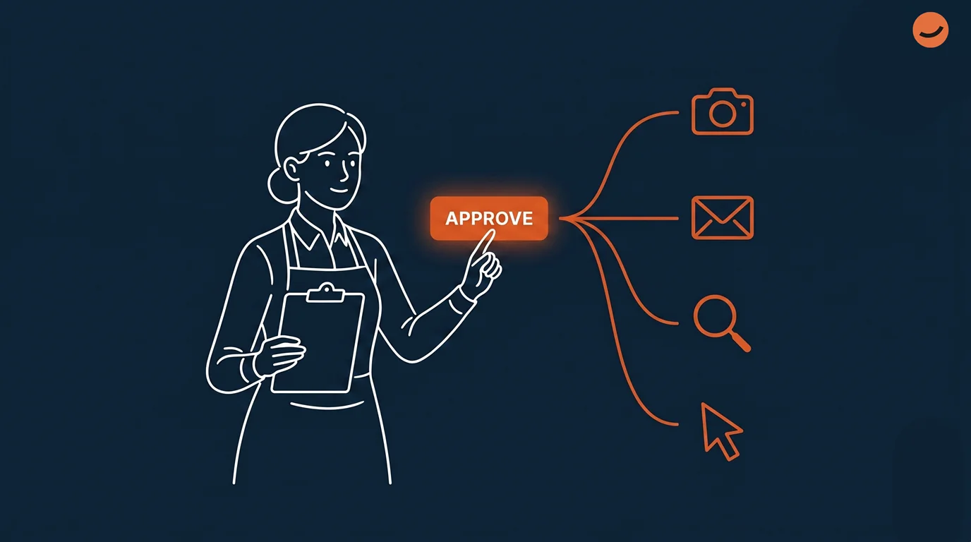 An illustration of a restaurant manager approving the actions of her AI restaurant assistant, including emails, visuals, SEO, and website optimization