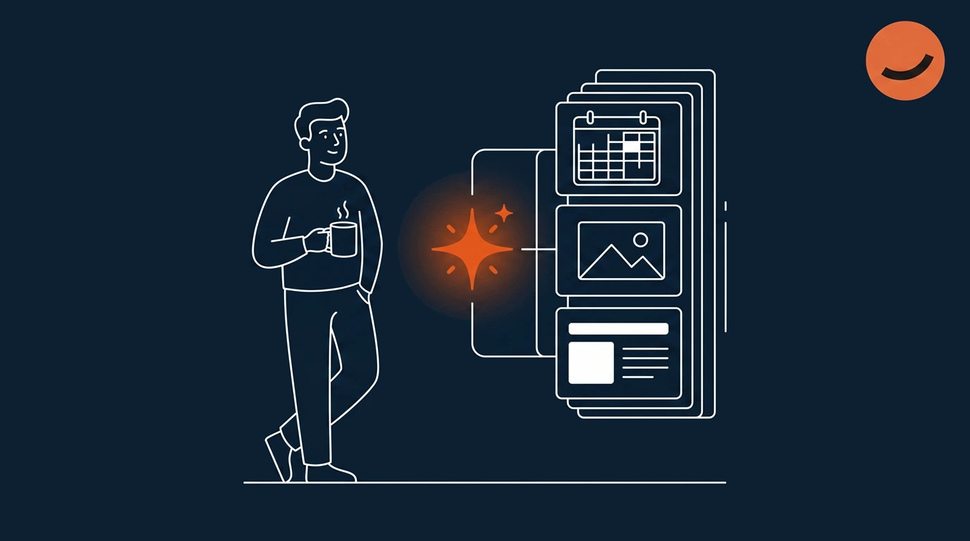 An illustration of a person watching the personal AI social media tool automating scheduling, creating visuals, and writing captions