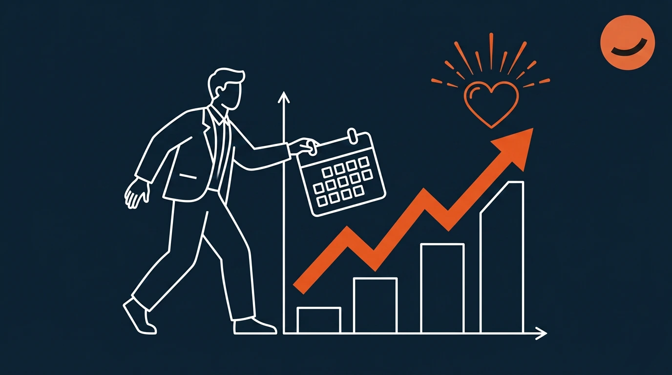 An illustration of a person carrying a content calendar next to a graph growing linearly, symbolizing the importance of consistent social media posting in boosting engagement