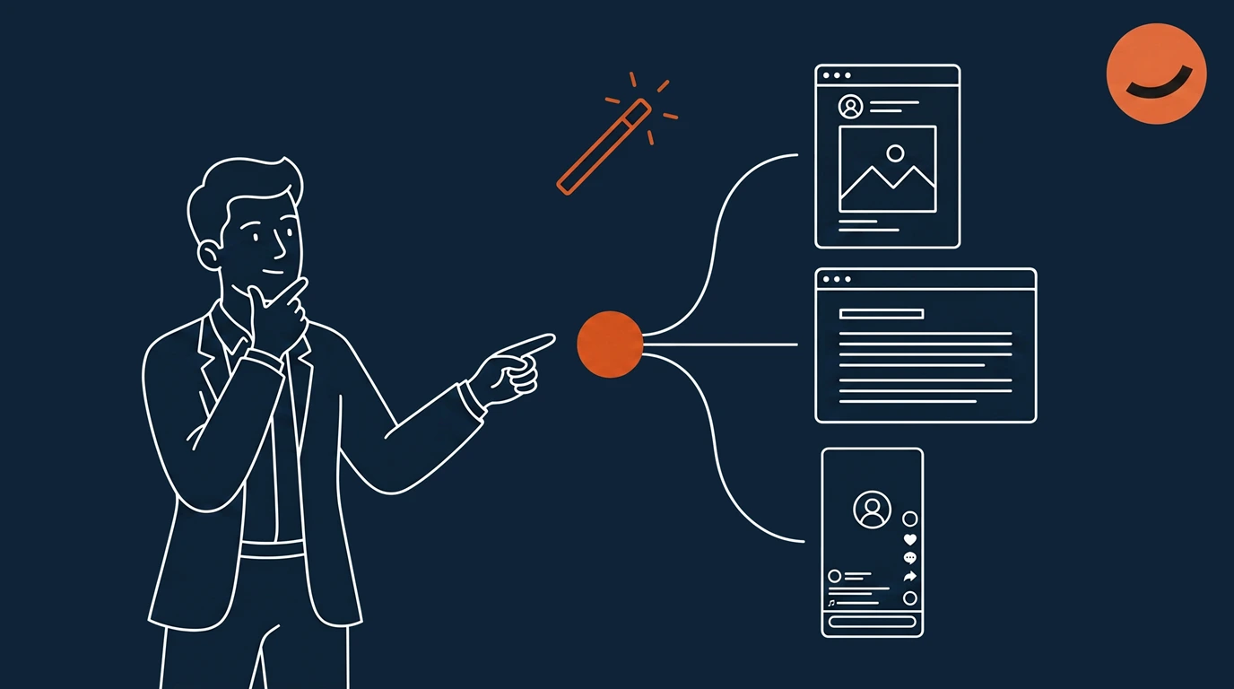 An illustration of a person analyzing the different AI social media functions: post formatting, image creation, and caption writing