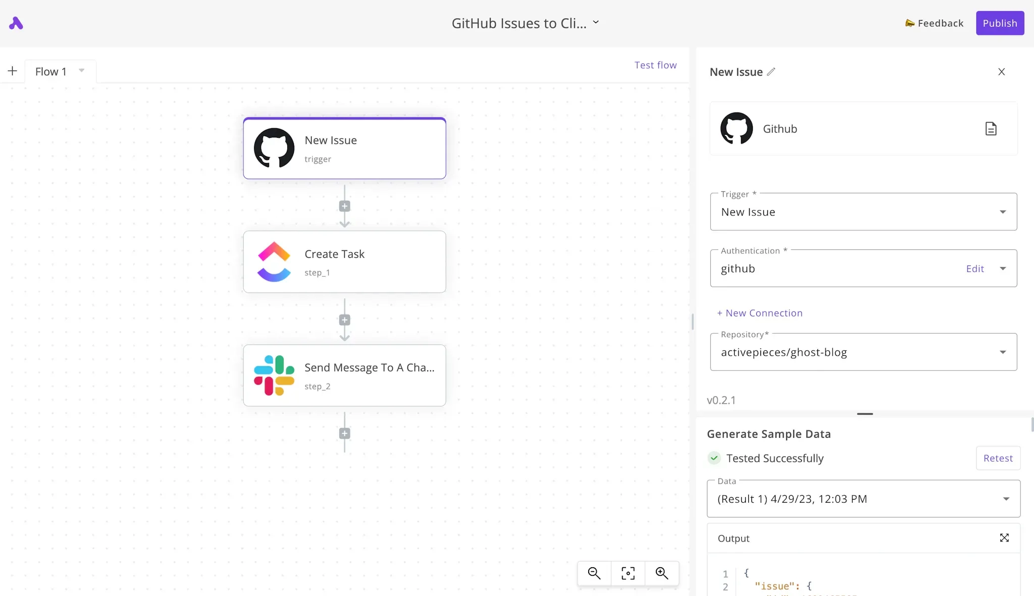 A screenshot of Activepieces's workflow, showing an example of a Github-to-Slack notification workflow