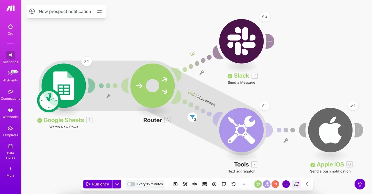 A screenshot of a new prospect notification workflow on Make, using Google Sheets and Slack to notify the user of new prospects
