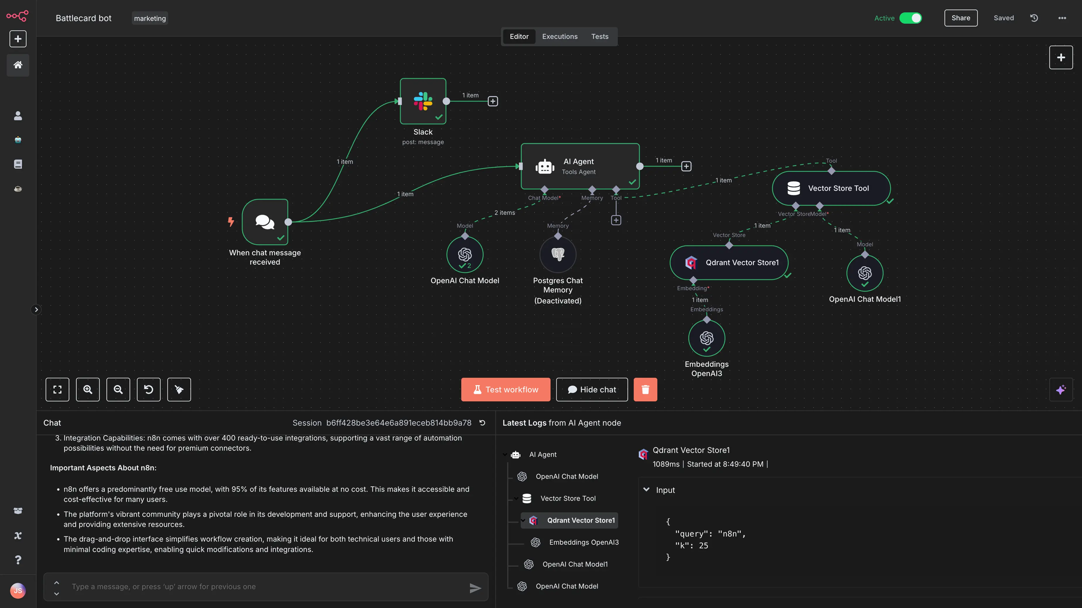 A screenshot of a workflow on n8n, using a combination of Slack and AI models to automate notifications for the user