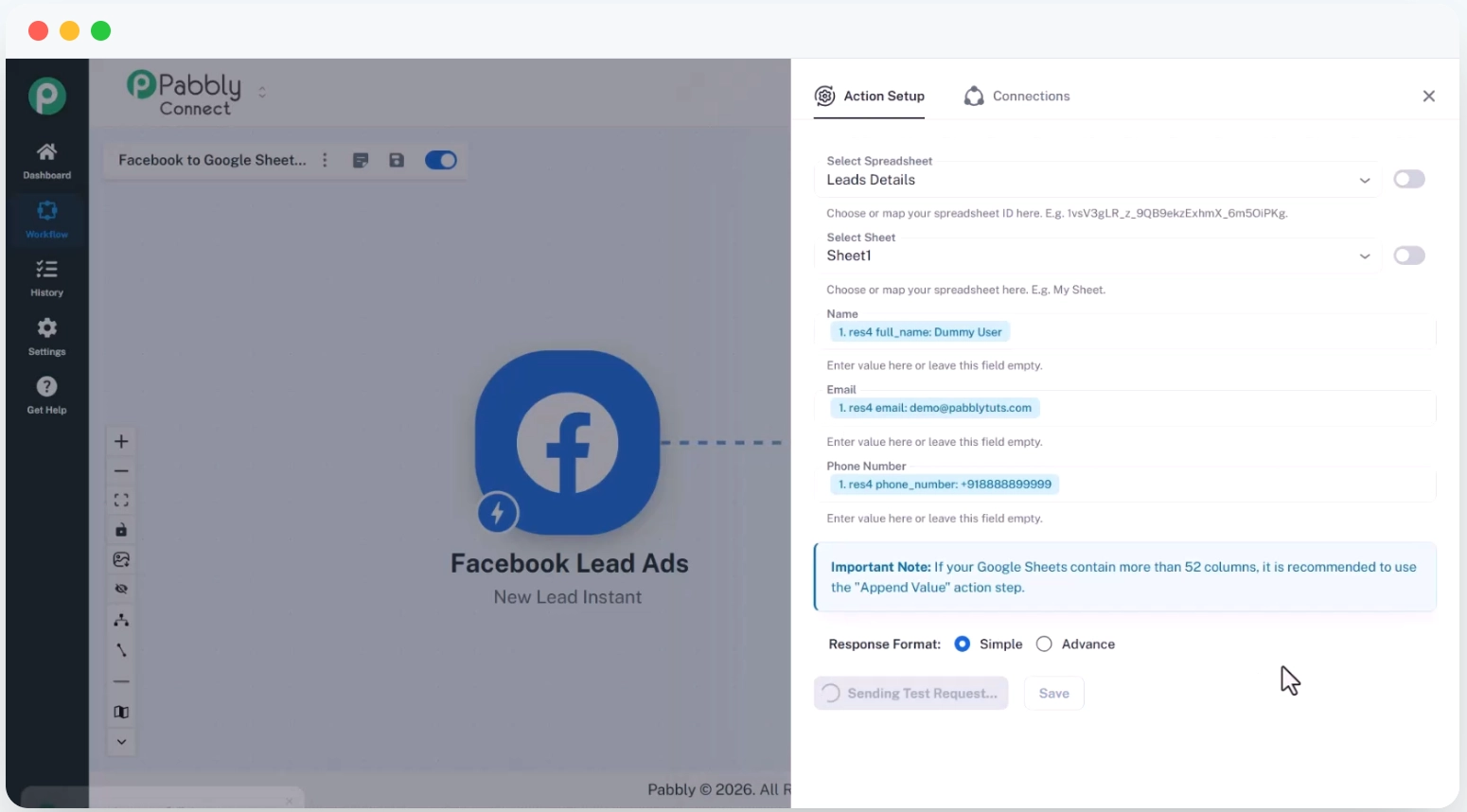 A screenshot of a Pabbly Connect workflow with the Action Setup side panel open, allowing the user to configure their Facebook lead ads workflow